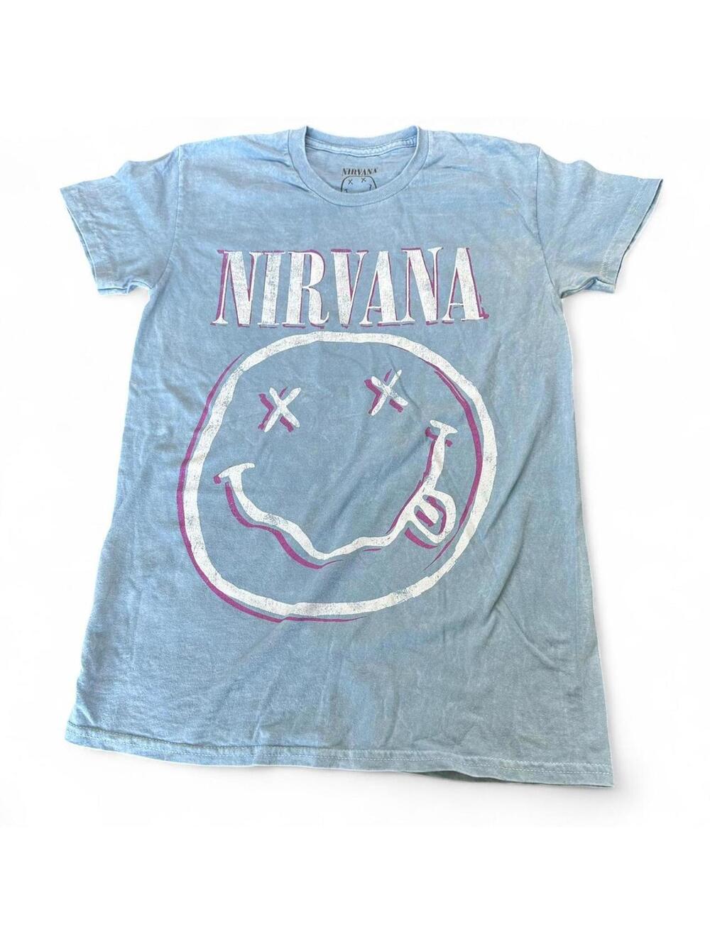 Nirvana Smiley Face Logo T-Shirt Light Blue Size Small